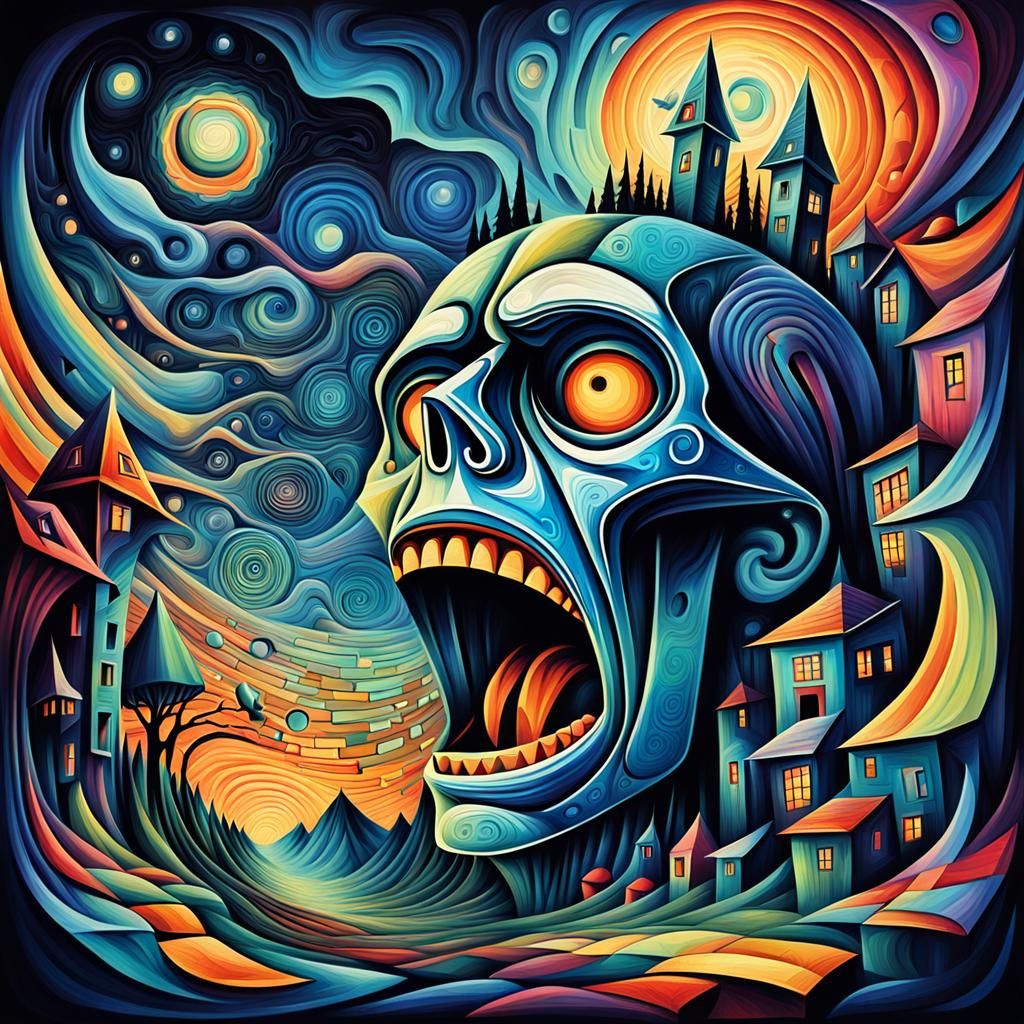 Surreal Cubist Dreamscape: Psychedelic Horror in Abstract Ar...