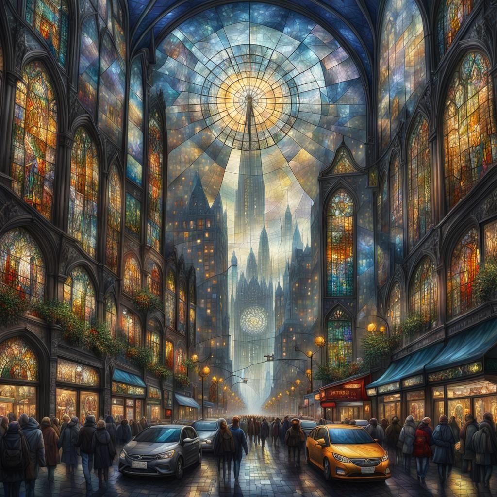 Stained Glass Window of a Busy London Street