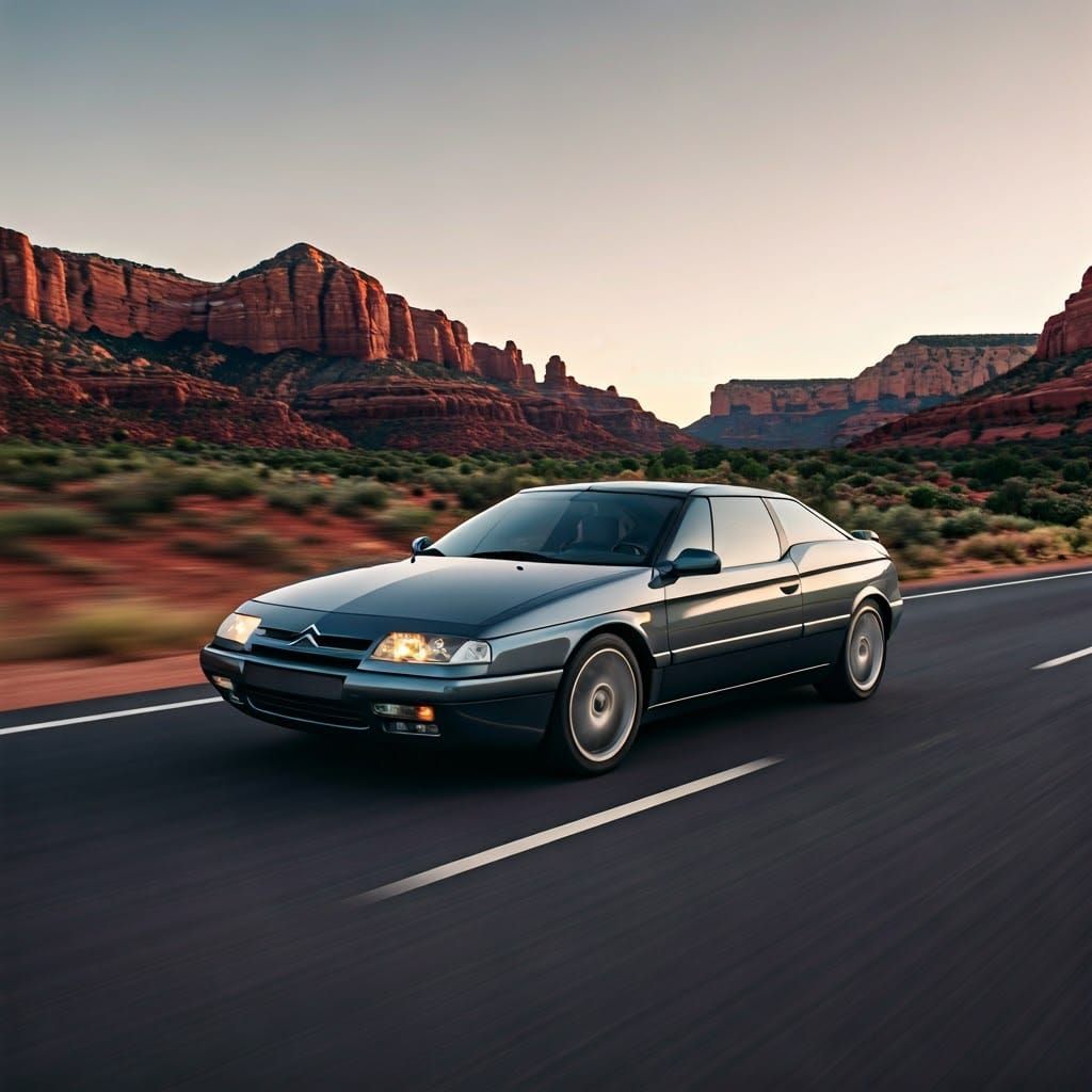 Dark Grey Citroën XM Coupé Concept Speeds Down Sedona Desert...