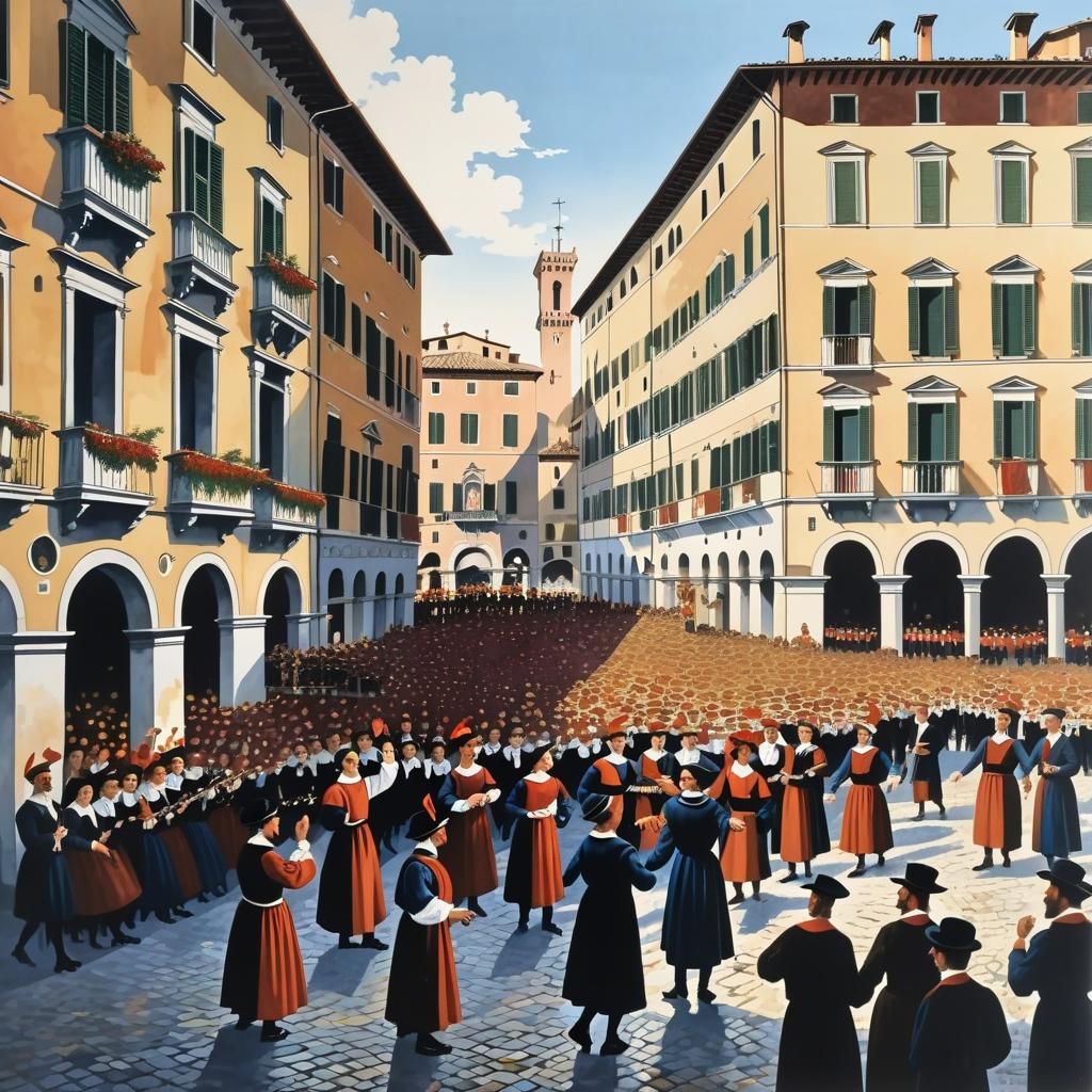 Festive City Parade in Gouache Painting Style