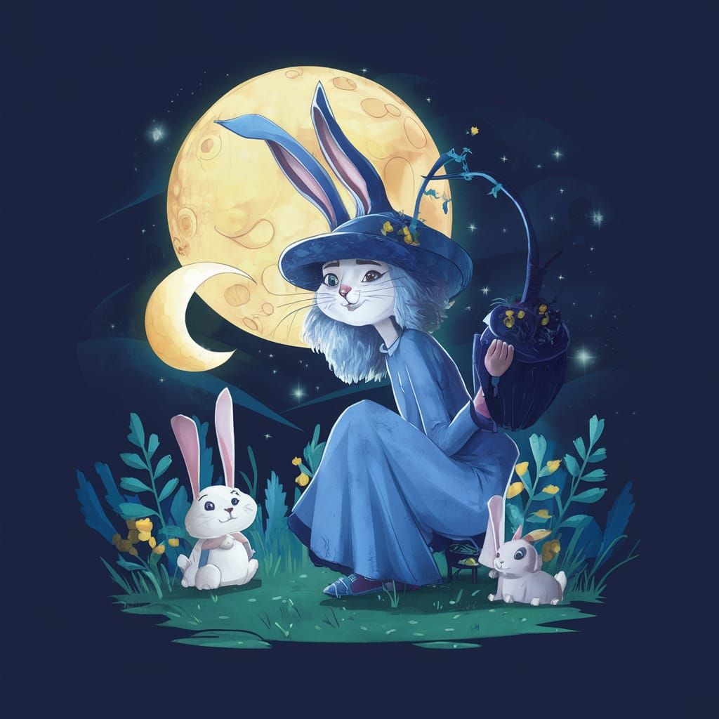 Rabbit Familiar Silhouetted on Moonlit Night