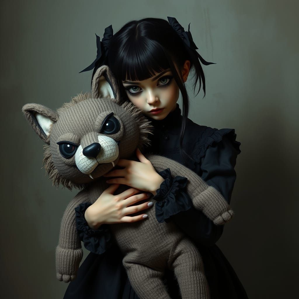 Gothic Girl Holds Large Wolf Doll Grimly