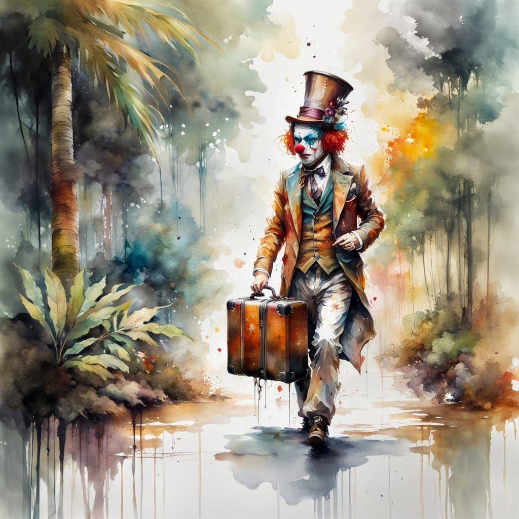 Steampunk Clown's Rainforest: Surreal Watercolour Art