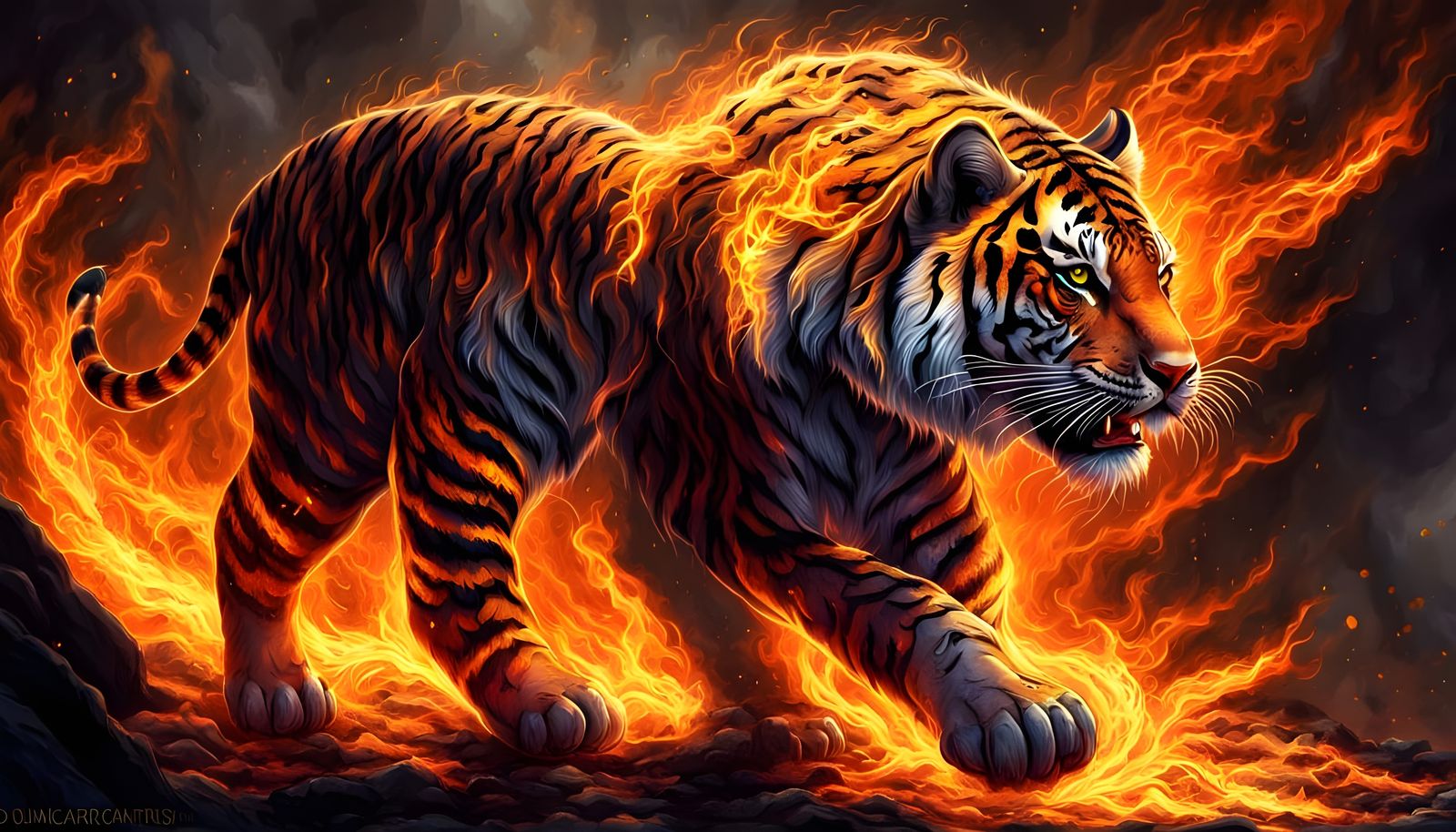 Dark Fiery Legendary Tiger Walking in Majestic Splendor