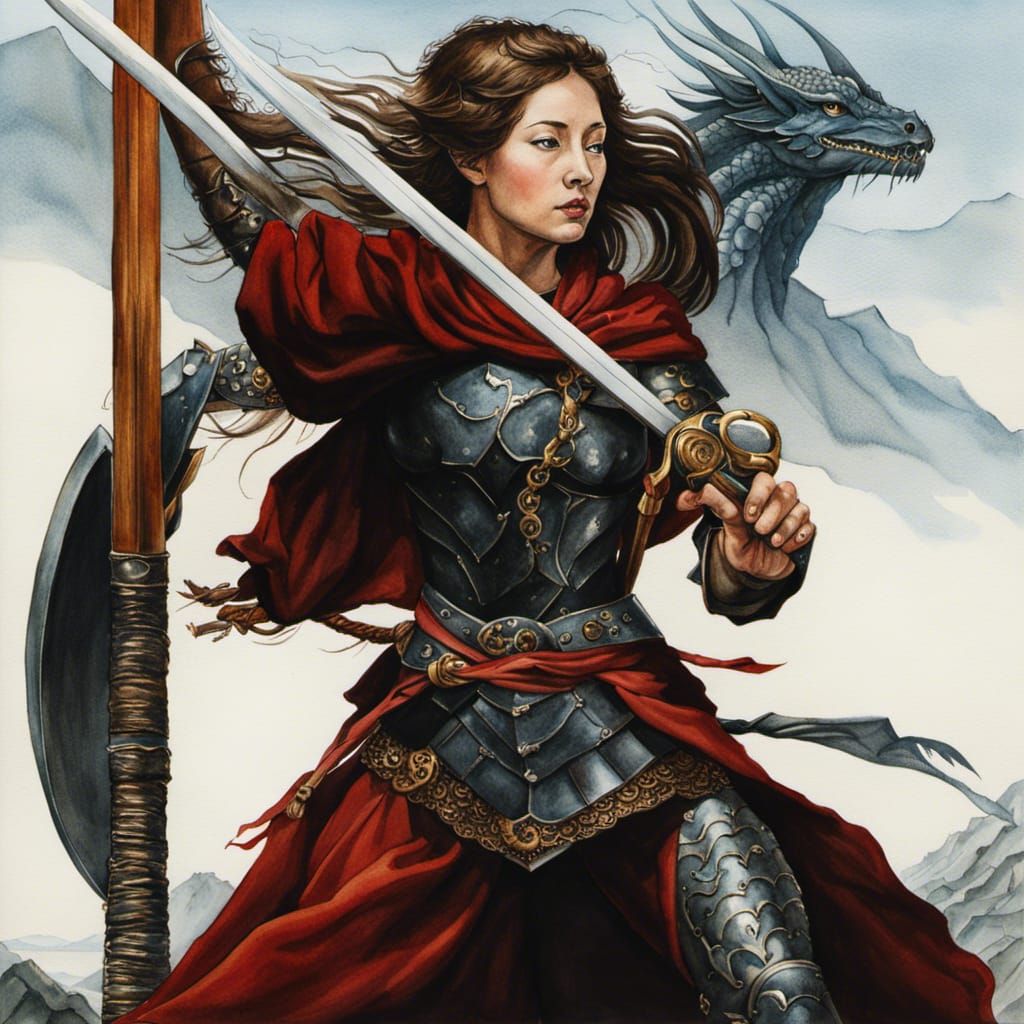 Medieval Icelandic Warrior Woman Fighting Dragon Watercolor