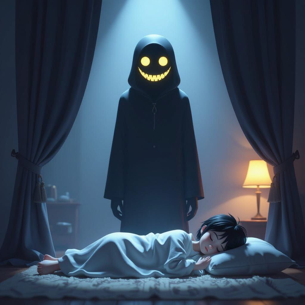 Menacing Smiley Figure Watches Sleeping Child in 3D Anime St...