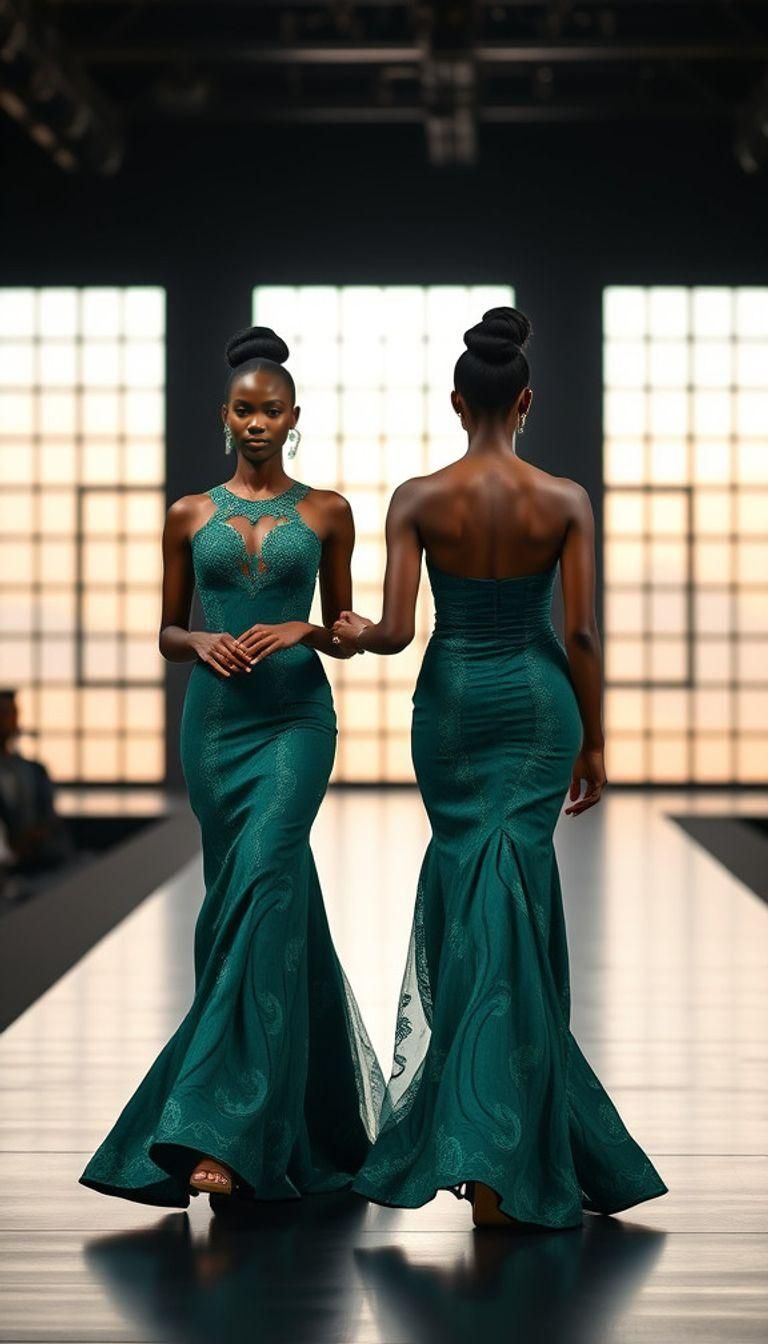 Nigerian Models in Emerald Gowns on Runway