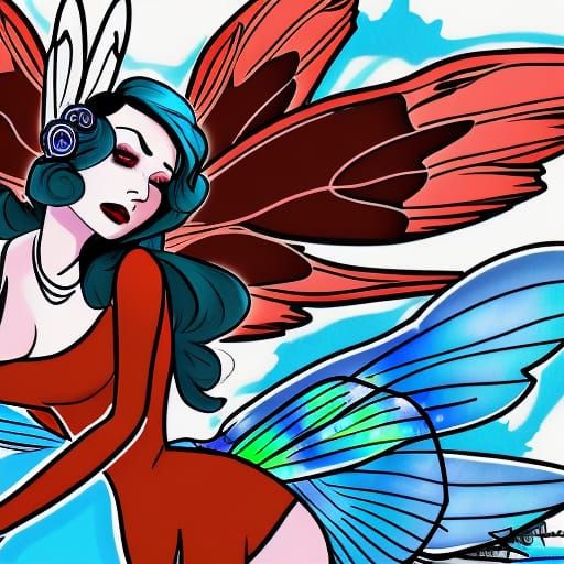 Rockabilly Fairy with Cardinal Wings Ink Drawing