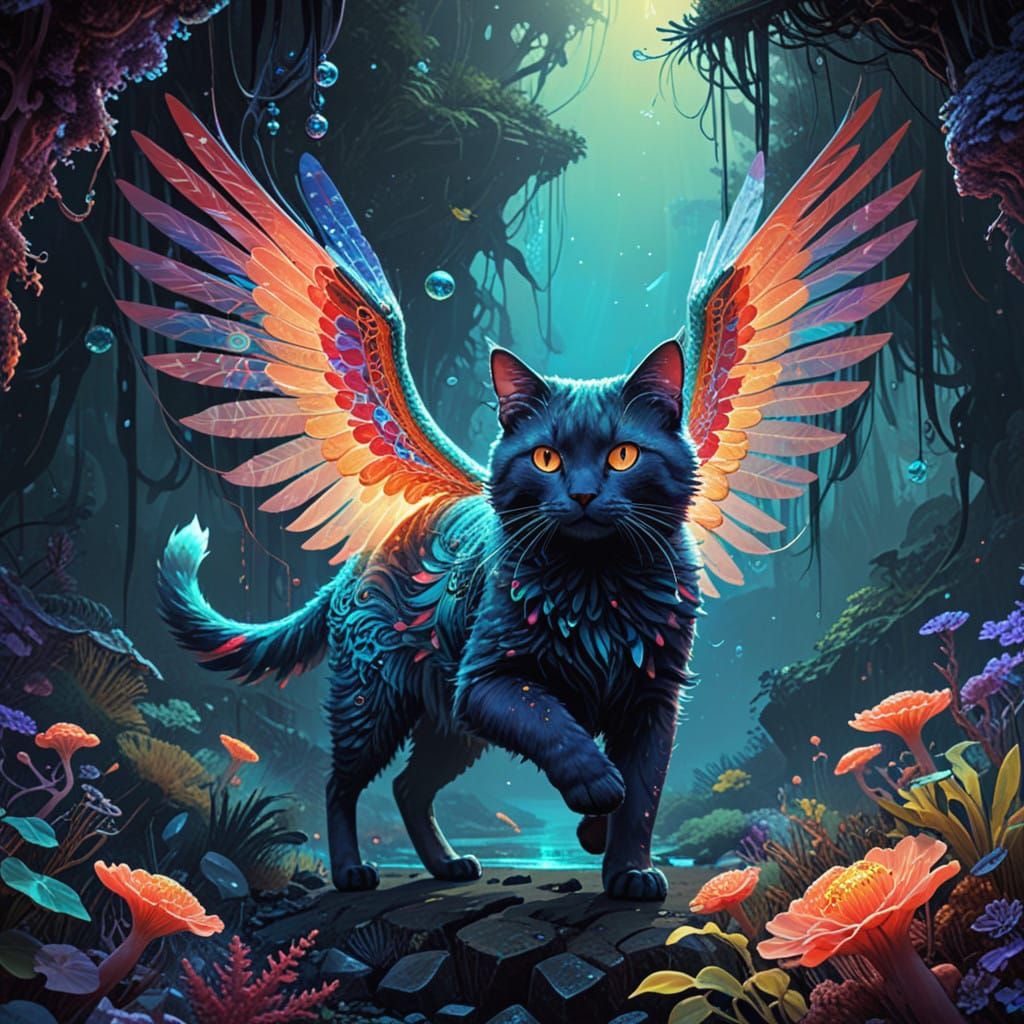 Surrealist Cat Angel in Vibrant Coral Reef Dreamscape