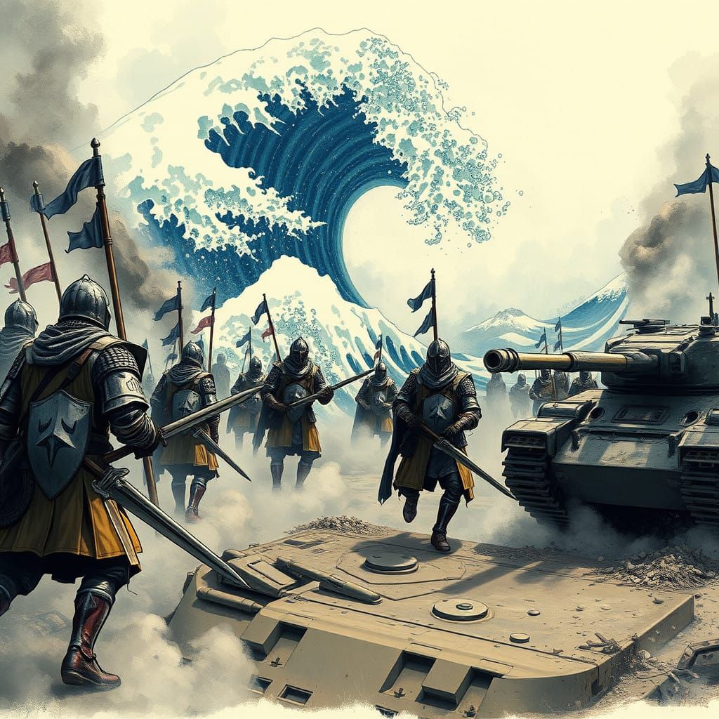 Medieval Warriors Clash with Futuristic Tanks in a Surreal W...