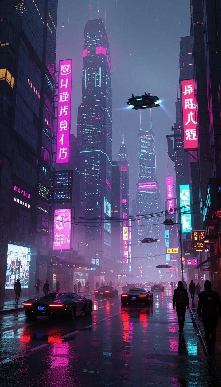 Cyberpunk Cityscape at Night with Neon Lights