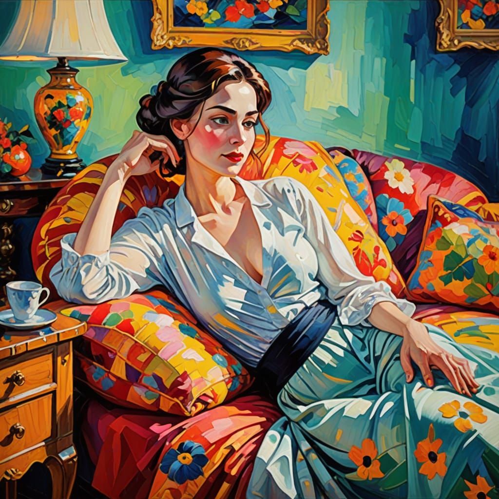 Portrait of a young woman on a colourful sofa