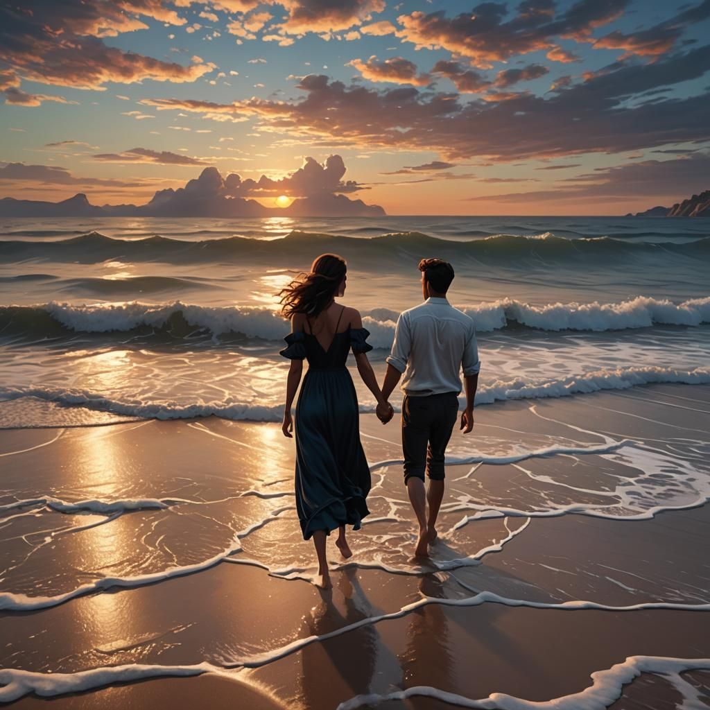 Romantic Beach Walk at Sunset: Fantasy Concept Art