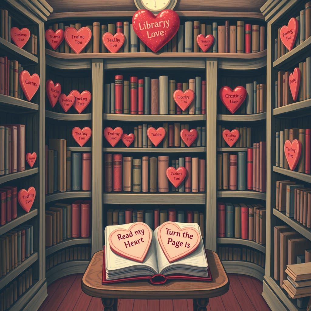 Whimsical Vintage Library Filled with Heart-Shaped Books and...