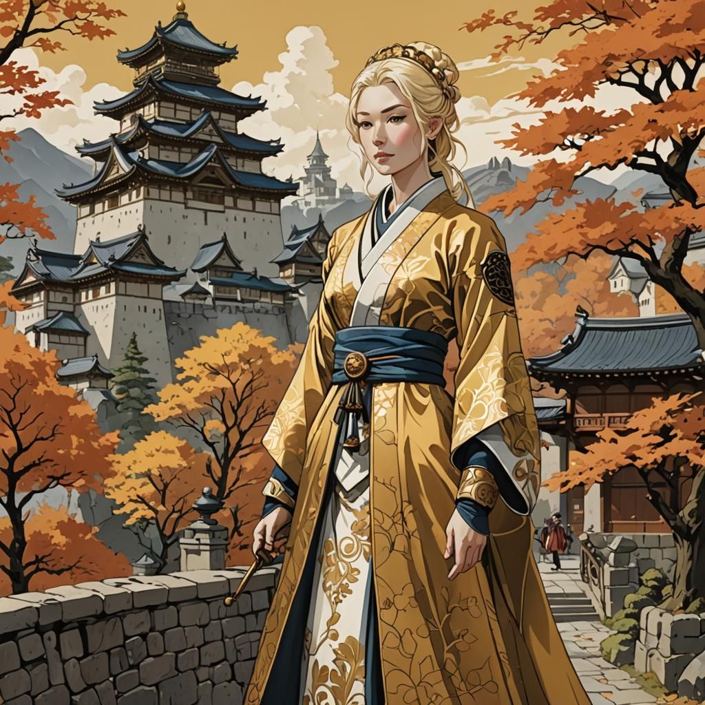 Ukiyo-e Woman in Golden Dress Before Castle