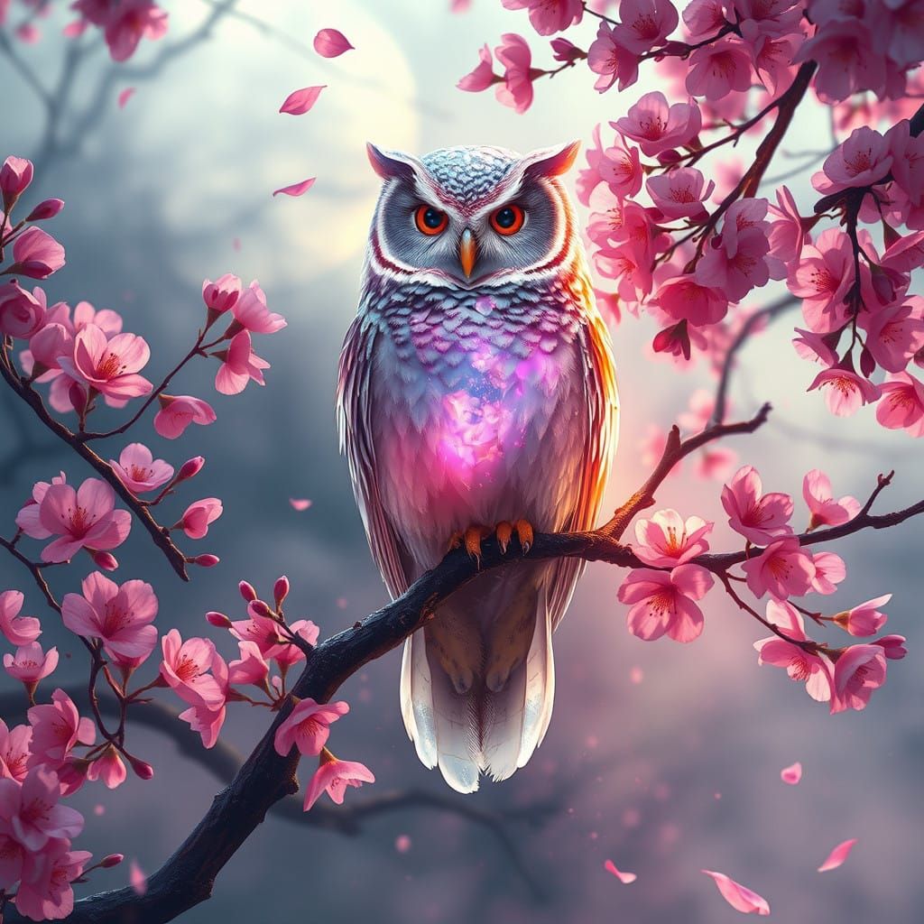 Crystal Owl Amidst Cherry Blossoms in a Serene Japanese Gard...