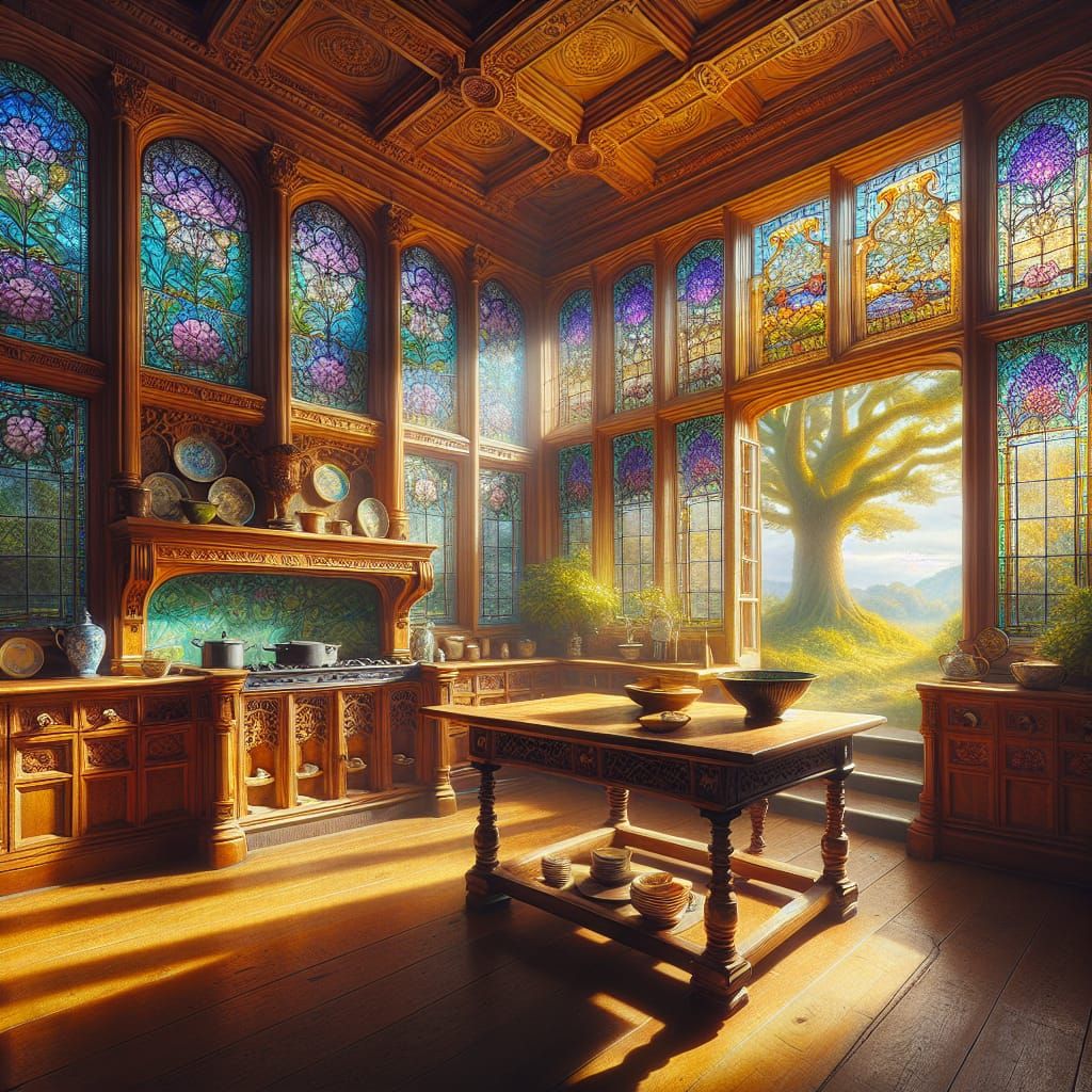 Grand Manor House Kitchen in Warm Wood and Stained Glass