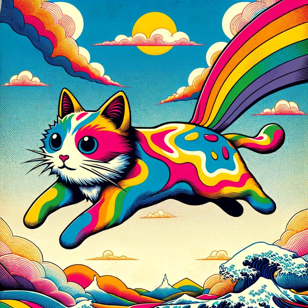Rainbow Pop-Tart Cat Soaring in Japanese Woodblock Style