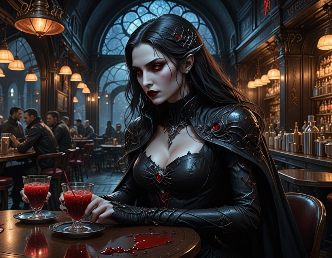 Ethereal Vampire Sips Artisanal Blood in Futuristic Café