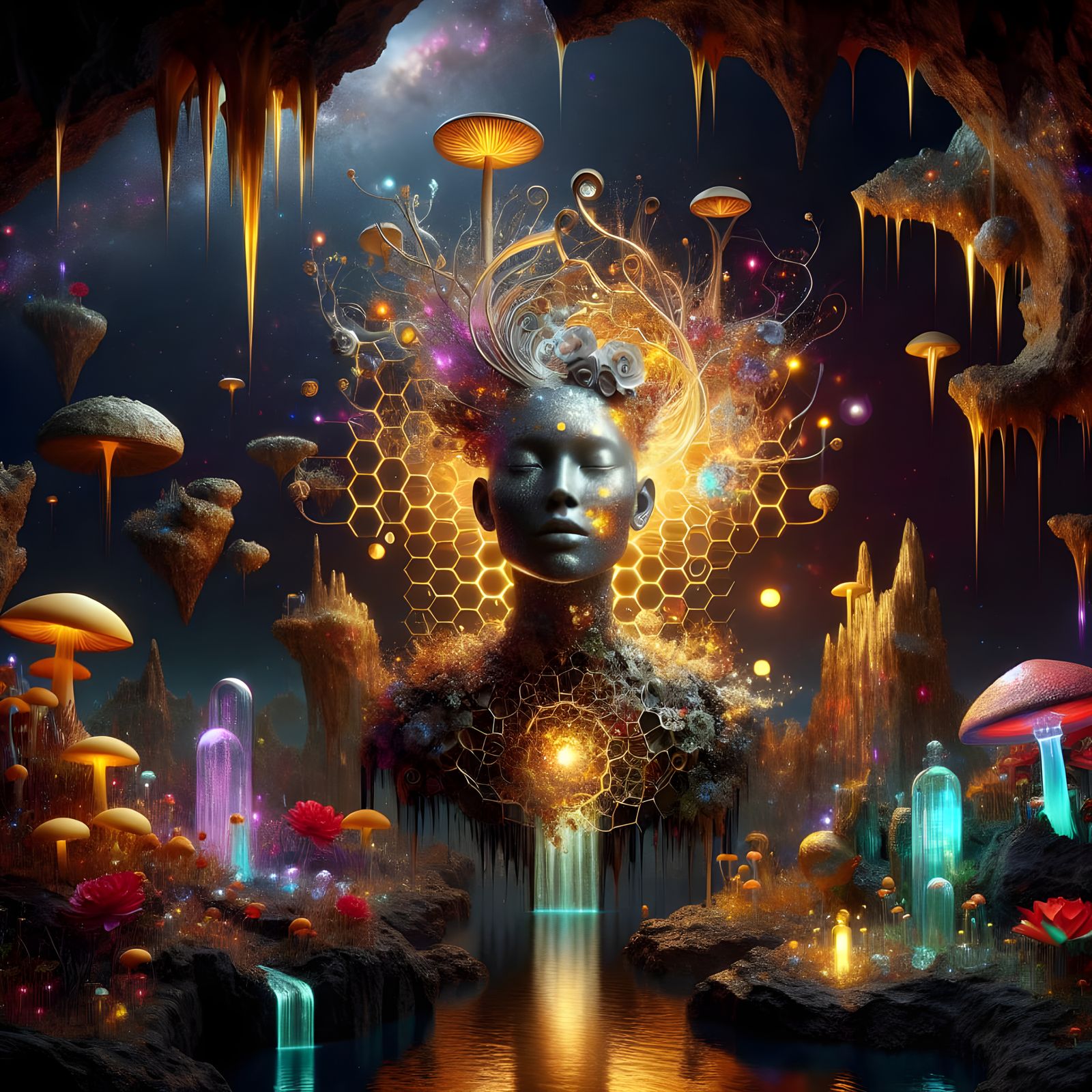 Goddess Arising from Ruins with Kintsugi Glow