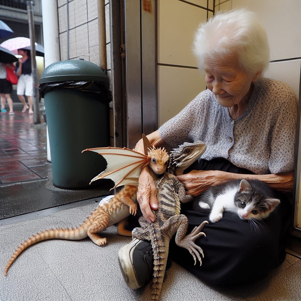 Kind Woman Cuddles Baby Dragon and Kitten