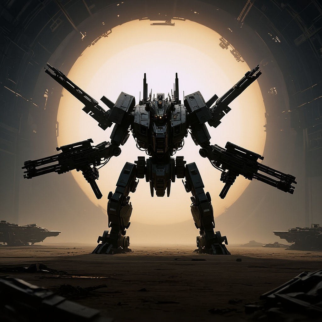Weaponized Robotic Beast Guards Hangar in Dark Fantasy Style