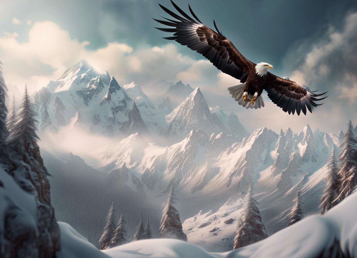 Eagle Soaring Over Snowy Peaks: Digital Matte Painting