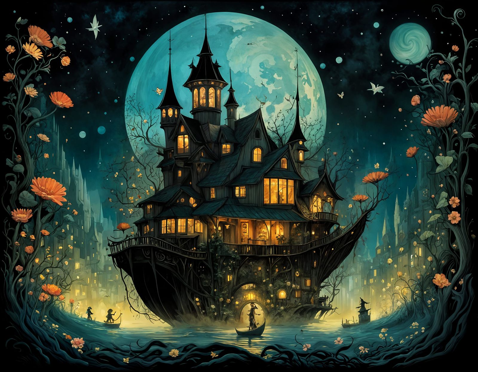 Whimsical Floating House in Dystopian Fairy Town