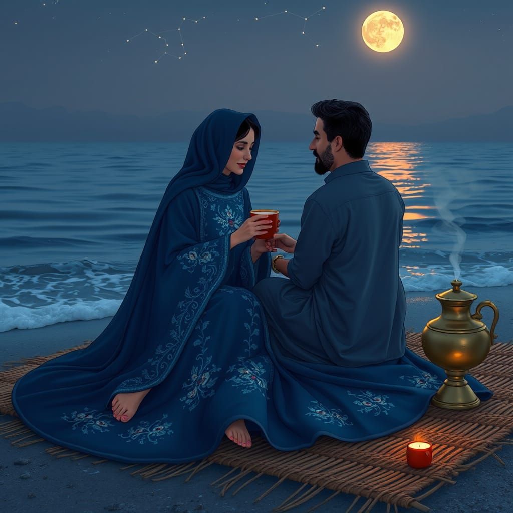 Iranian Woman by Caspian Sea with Bioluminescent Abaya
