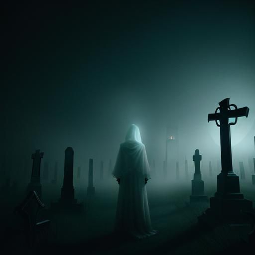 Eerie Ghostly Arm Reaching in Misty Graveyard