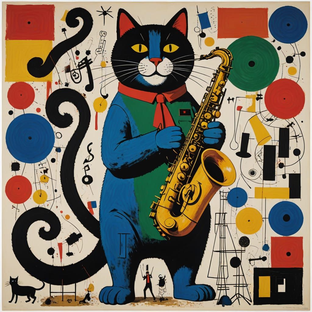 Giant Cat Sings Jazz Inspired by Miro and Rauschenberg