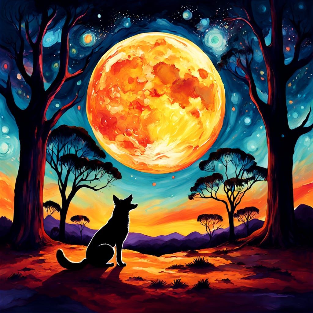 Dingo Howls at Moon in Outback Alcohol Ink Art