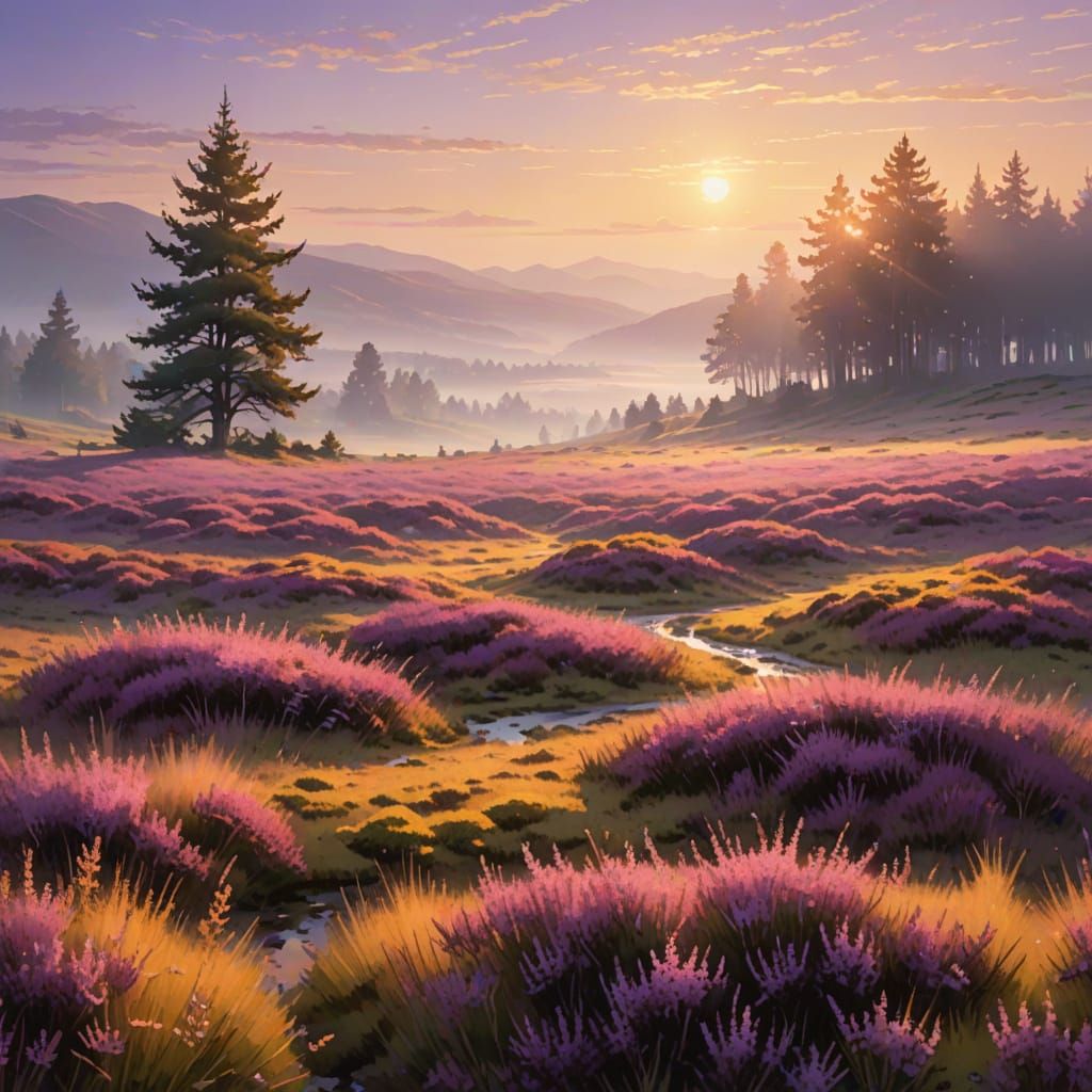 Impressionist Heather Landscape in Morning Mist
