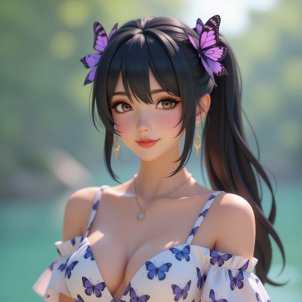Woman with Butterfly Hair Clips in Anime Style