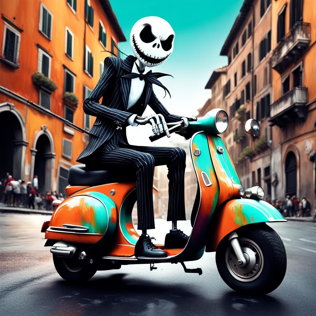 Jack Skellington driving a mint vespa in Rome in Halloween