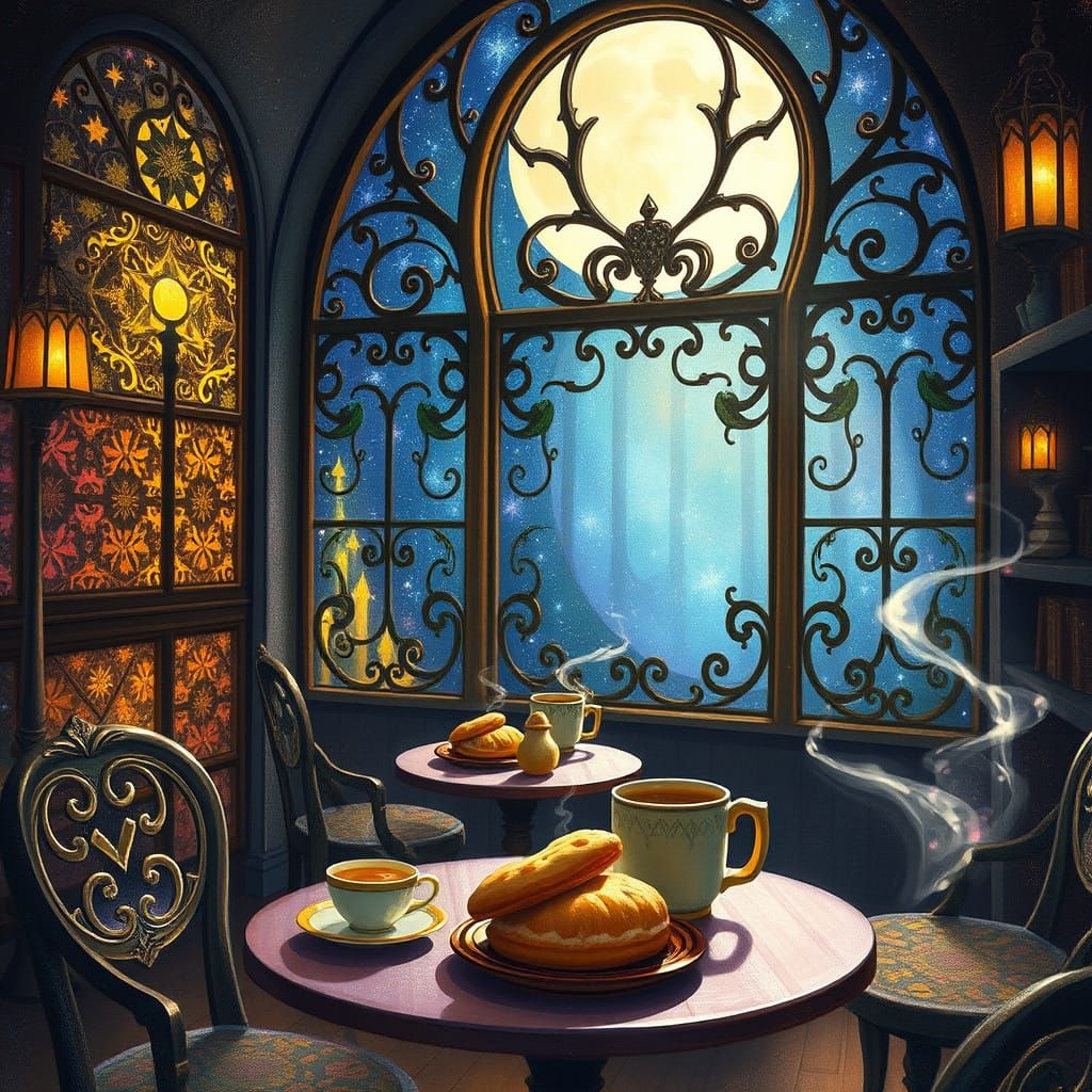 Magical Glass Cafe Bathed in Ethereal Moonlight