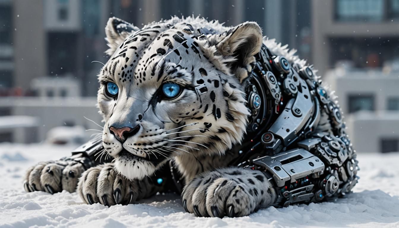 Photorealistic Snow Leopard Cyborg on Skyscraper