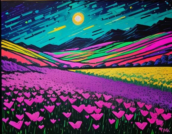 Neon Flower Field: Blacklight Impasto Painting