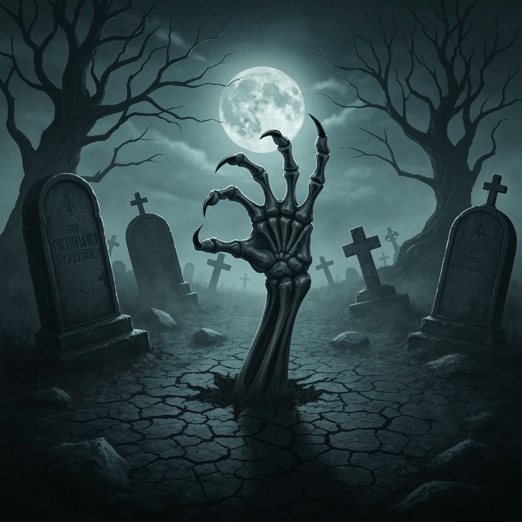 Skeletal Hand Rises From Graveyard in Dark Fantasy Style
