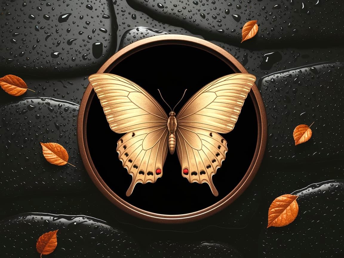 Golden Butterfly in a Bronze Frame on Dark Stone
