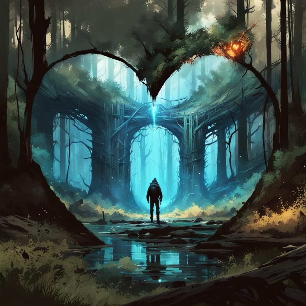 Heart Portal Radiates Cold Light in Dystopian Forest