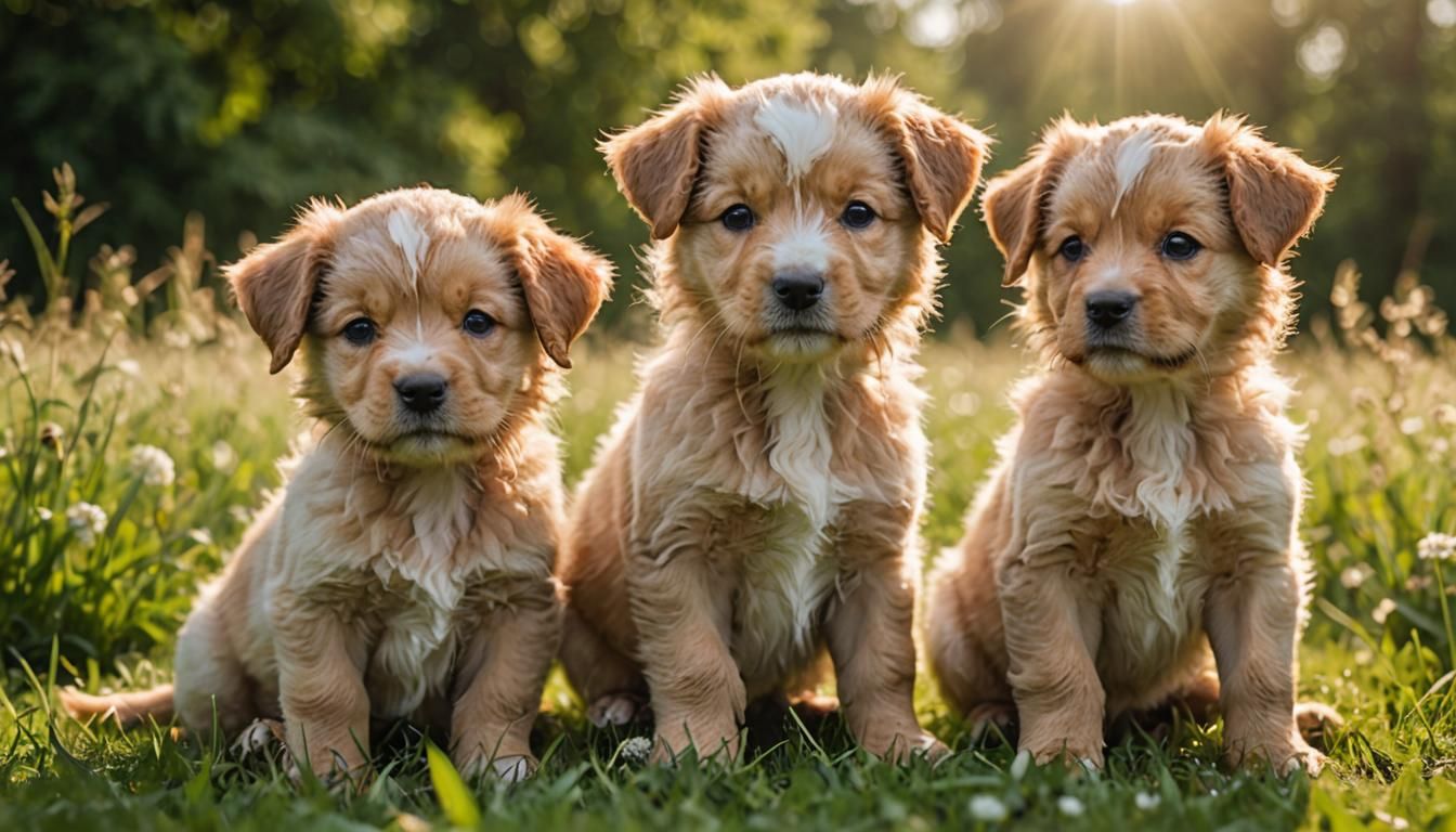 Cute Puppies Playing in Sunny Meadow