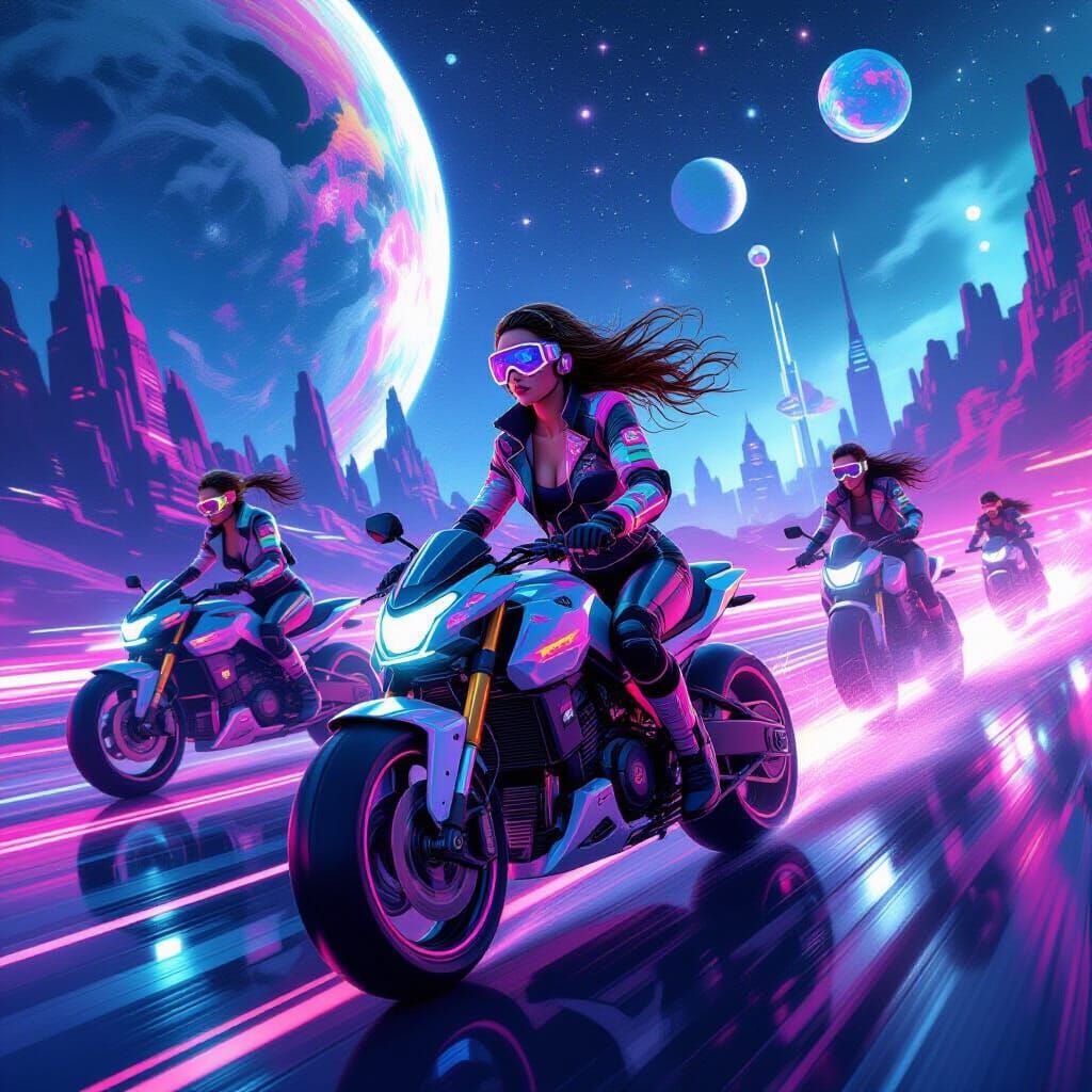 Cyberpunk Girls Ride Flying Bikes in Surreal Landscape
