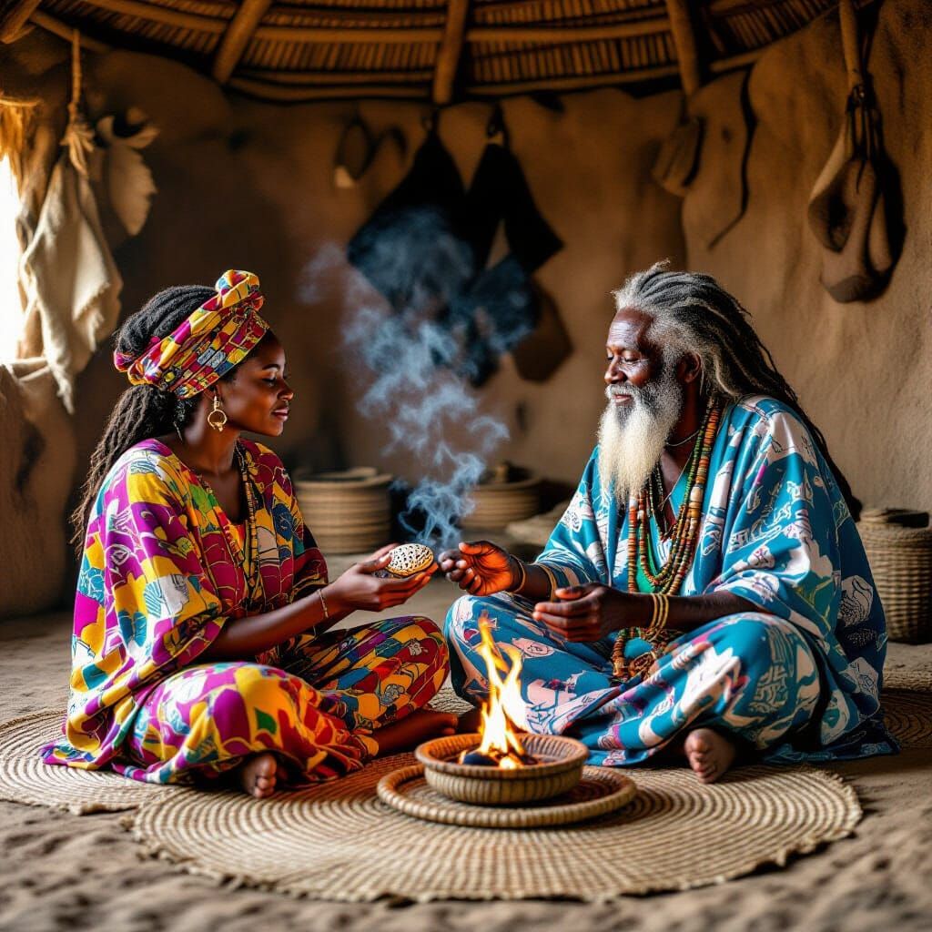 African Woman in Mud Hut with Cowrie-Shell Rattle
