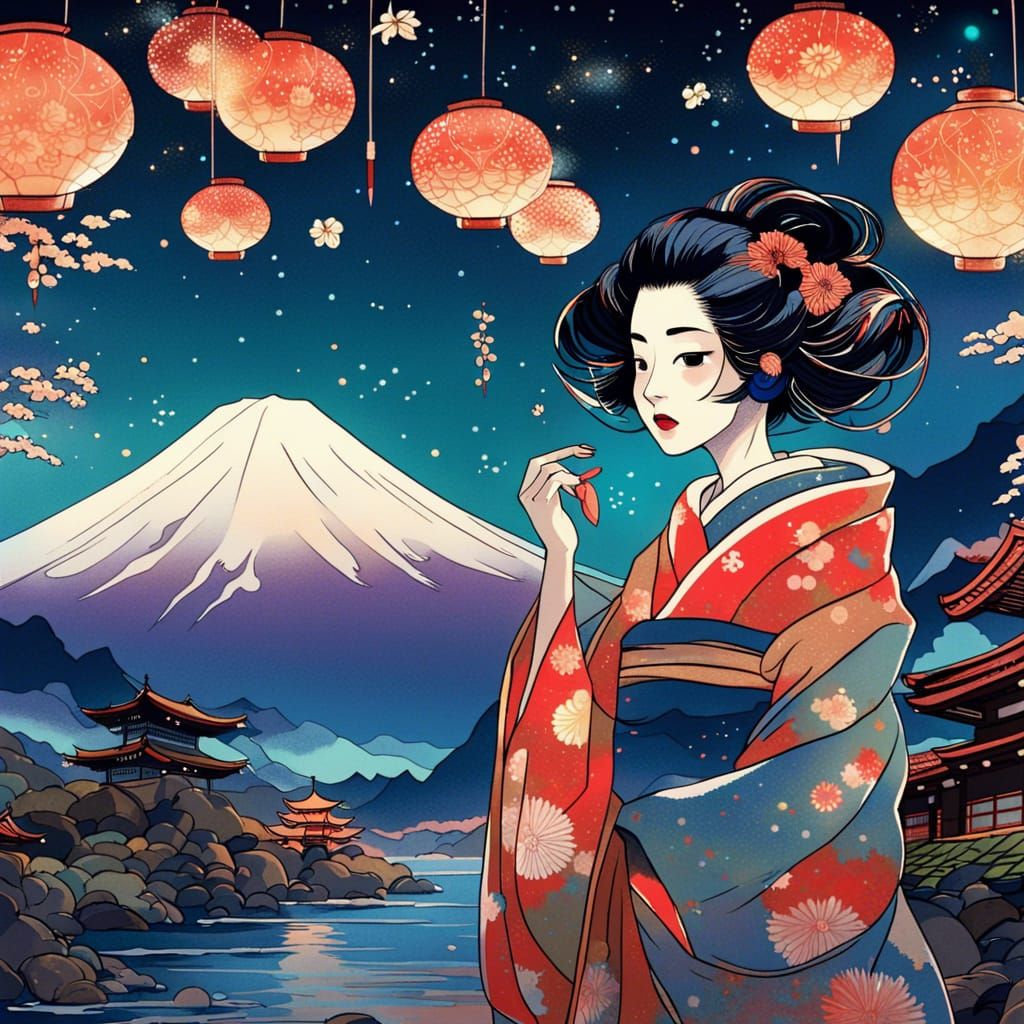 Geisha with Mount Fuji in Gouache Painting Style