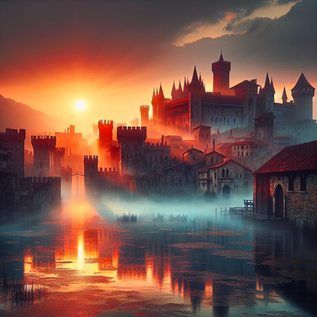 Medieval City in Swamp at Dawn
