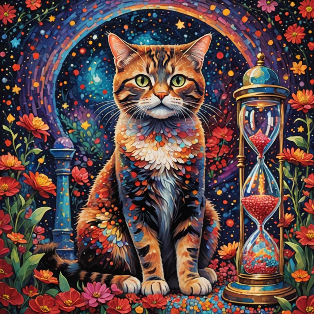 Pointillist Cat Contemplates Time Under Starry Sky