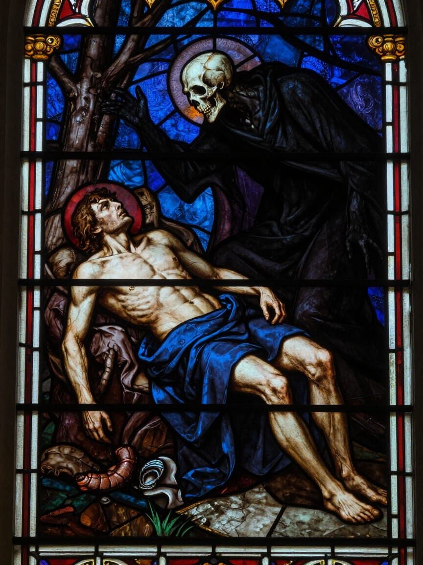 Gothic Stained Glass: Dying Man Flees Death