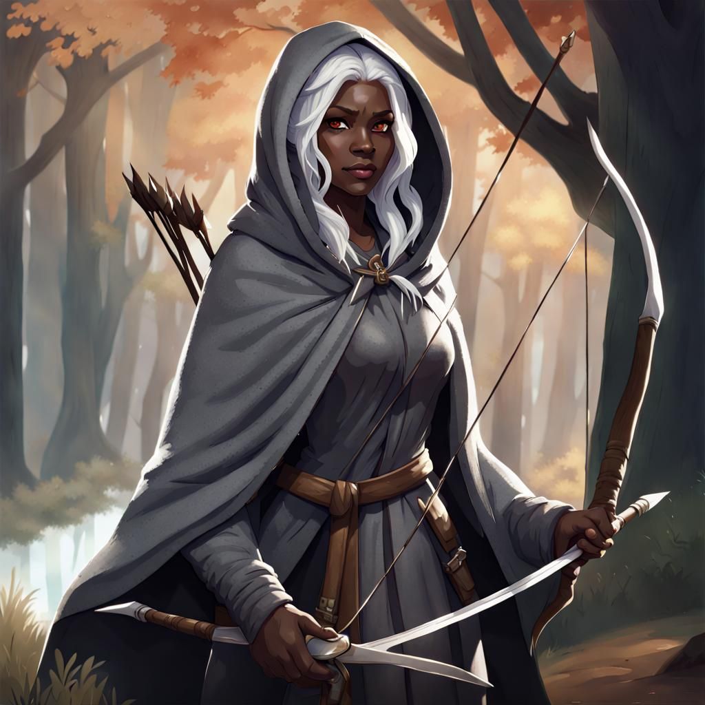 Female Ranger with Longbow and Hooded Robe