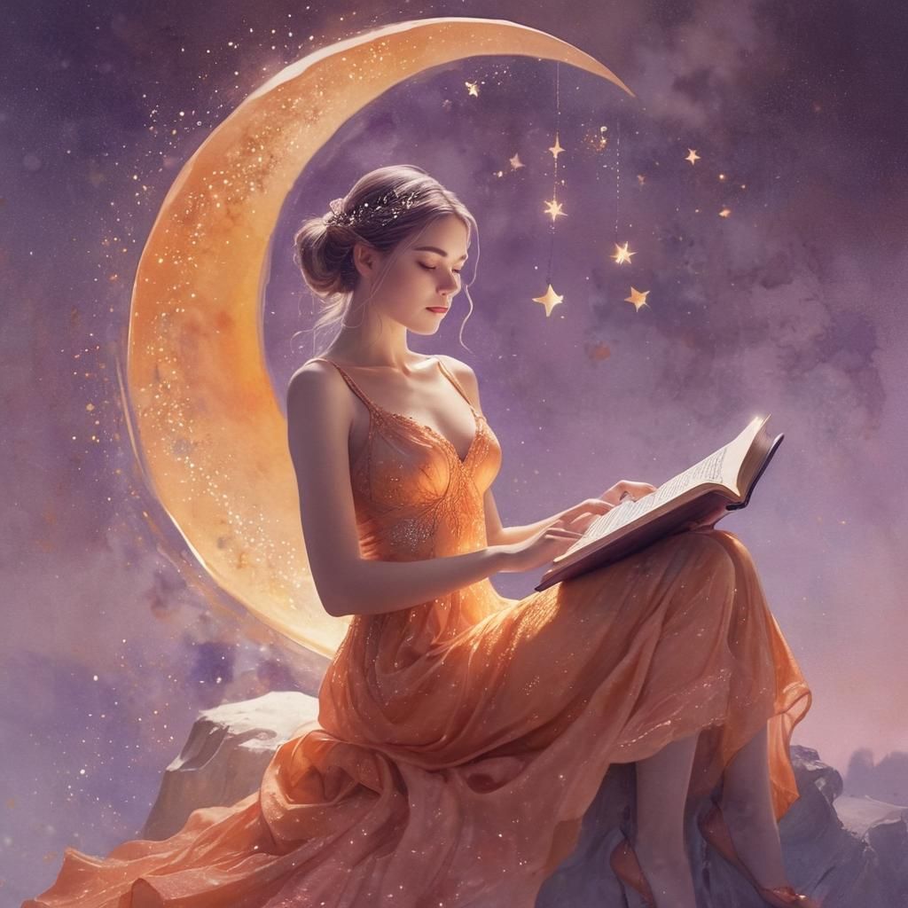 Fairy Reading on Moon in Ethereal Watercolor Style